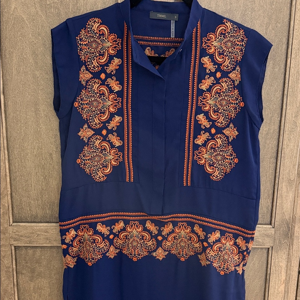 THML Navy Blue Embroidered Sleeveless Blouse with Orange Accents